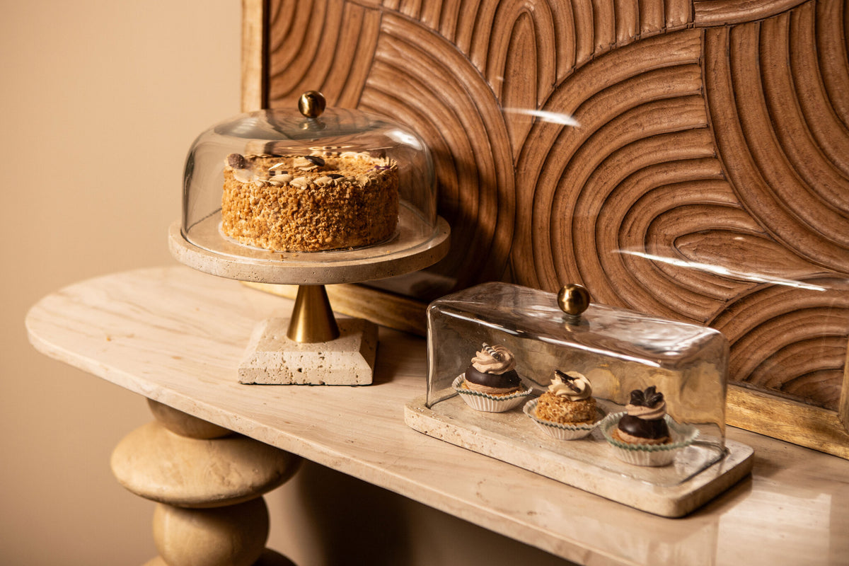 Kagefad Lyron Natur Travertine Rundt Glas Bell Large PTMD