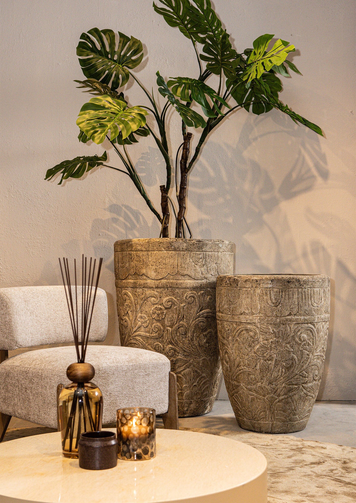 Sasha Cream cementfiberpotte med blomstermønster, rund, M, PTMD