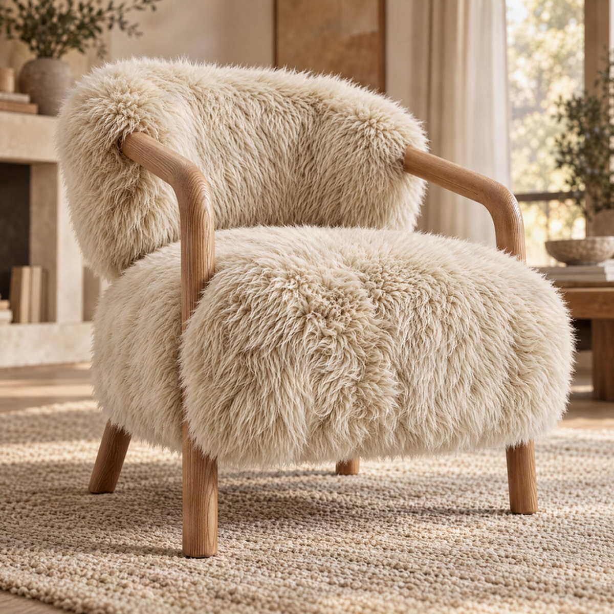 Avelon Fauteuil Echt Schapenvacht Beige Essenhout PTMD