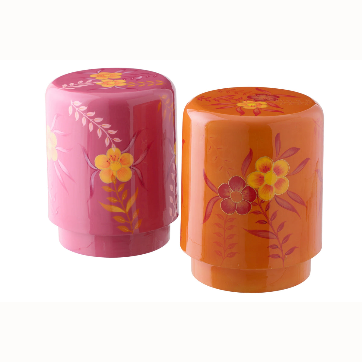 Skammel med blomster i metal, pink/orange, assorteret sæt med 2 stk. – J-Line
