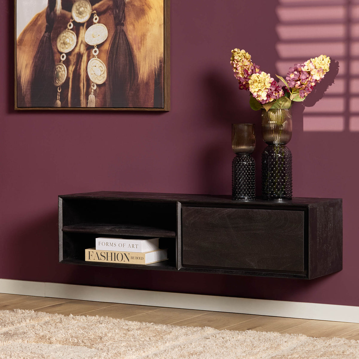 Svævende TV-bord Ambiance mangotræ sort 120 cm Starfurn