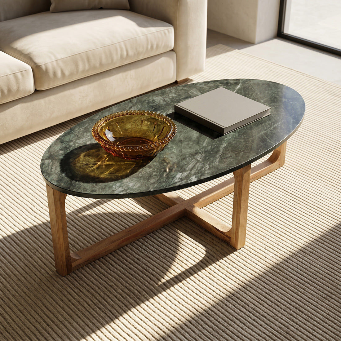 Sofabord i grøn oval marmor – Raw Materials