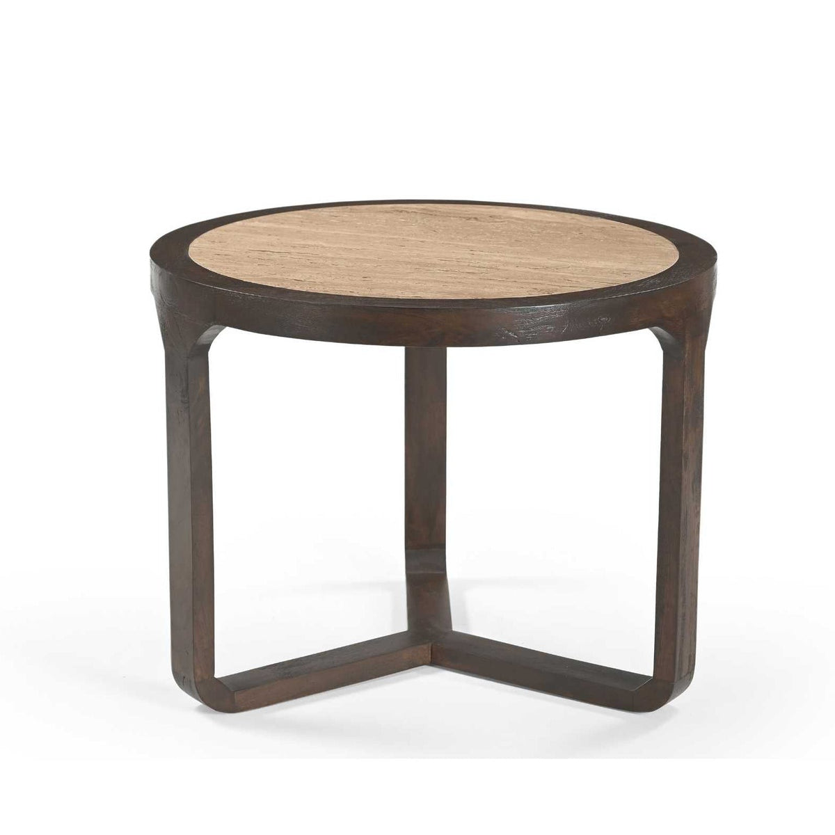 Bijzettafel Morris Travertin Ø60cm van Starfurn, rond travertin blad in een bruin mangohouten frame