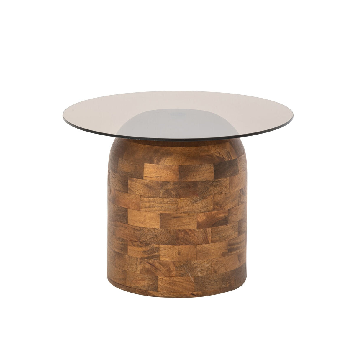 Sidebord, rundt, glas og naturfarvet mangotræ, J-Line