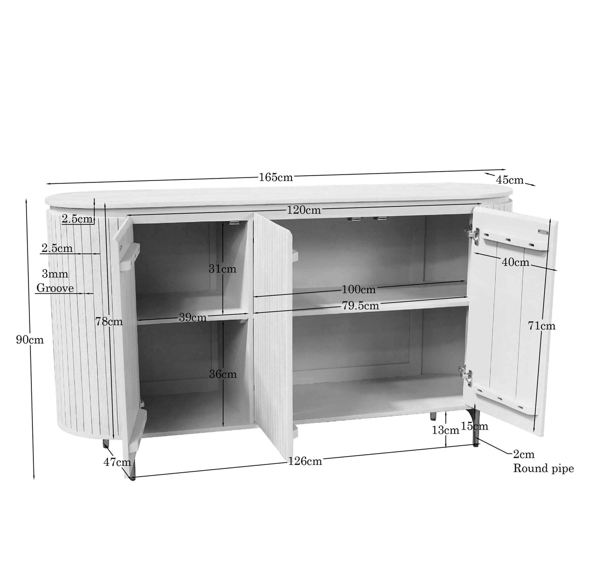Zandkleurig Solana dressoir gestyled onder een spiegel in de woonkamer