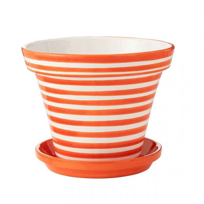 Blomsterkrukke + underskål Granada Stripes håndlavet og malet keramik, orange, ekstra stor – J-Line