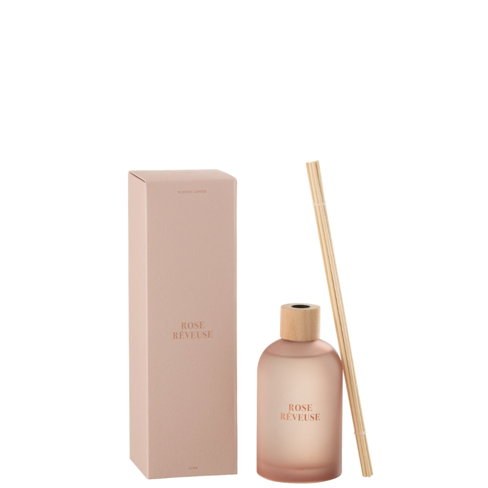 Geurstokjes Accords Essentiels Rose Rêveuse 250ml van J-Line, roze glazen fles met geurstokjes naast de geschenkdoos