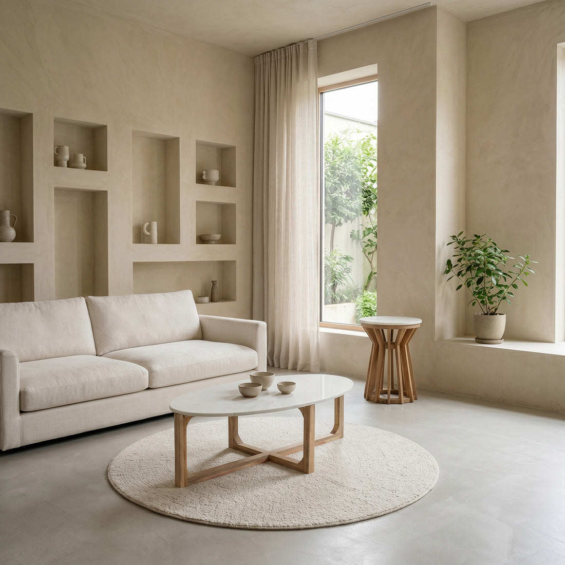 Sofabord i hvid marmor, ovalt, Raw Materials