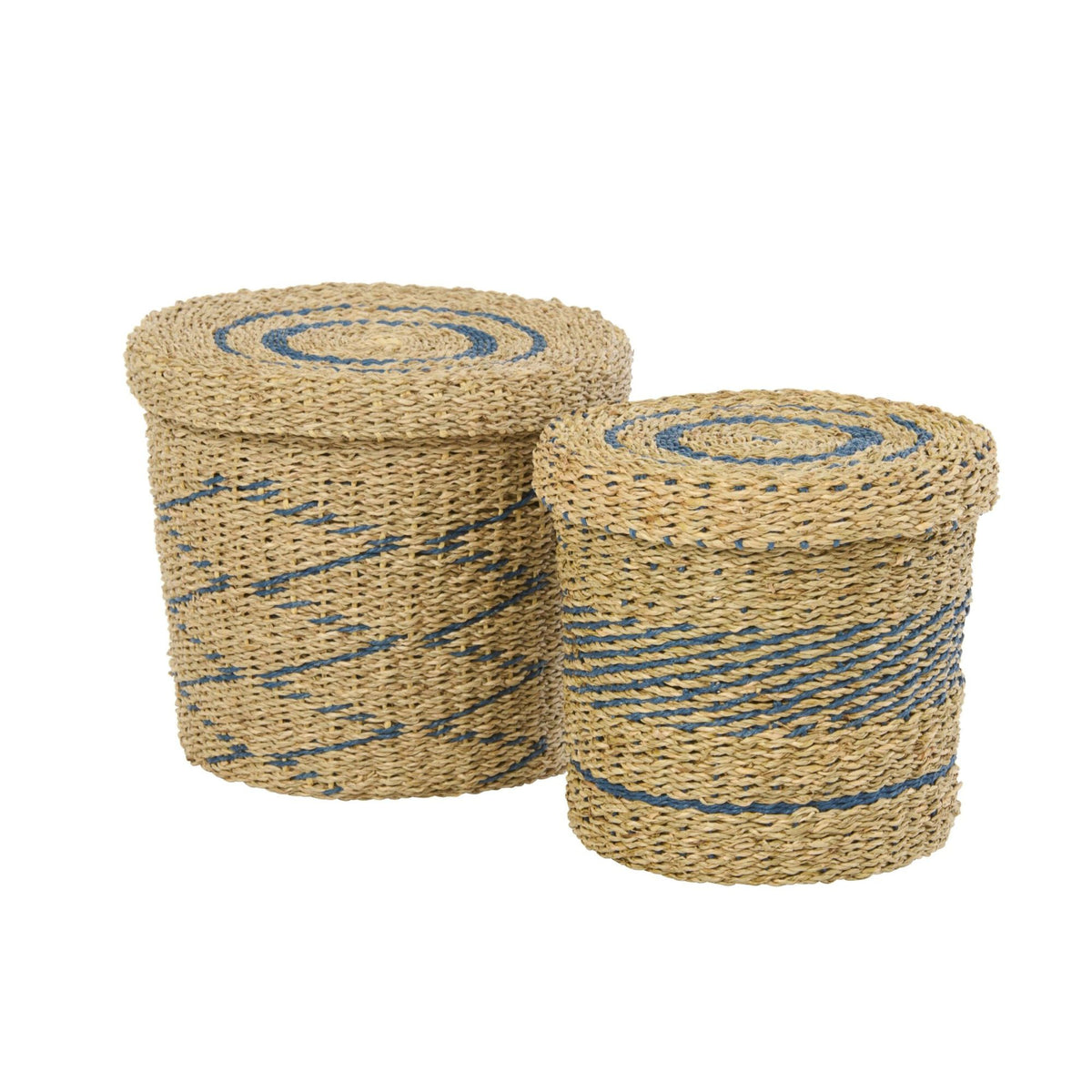 Sæt med 2 kurve med låg, stribet papir i naturfarve/blå, J-Line