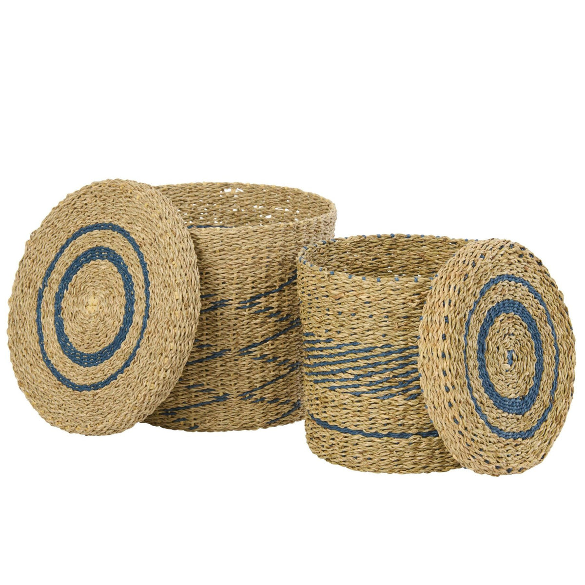 Sæt med 2 kurve med låg, stribet papir i naturfarve/blå, J-Line
