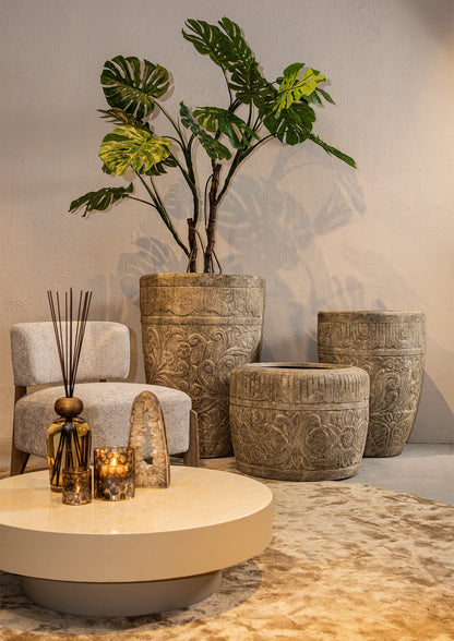 Sasha Cream cementfiberpotte med blomstermønster, rund, M, PTMD