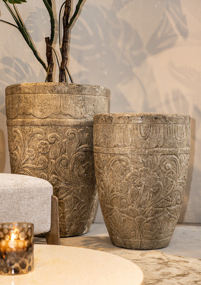 Sasha Cream cementfiberpotte med blomstermønster, rund, M, PTMD