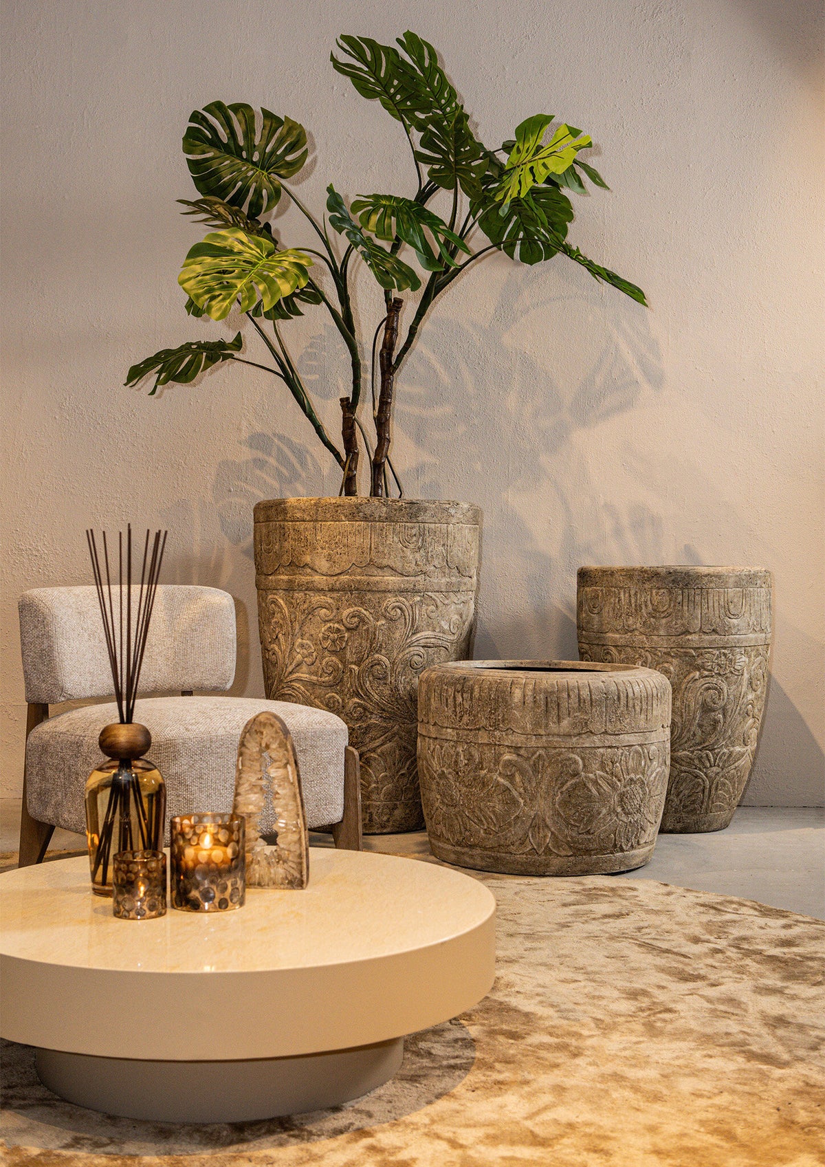 Sasha Cream Cement Fiber-krukke med blomstermønster, rund, L PTMD