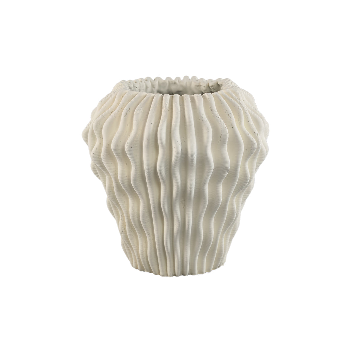 Barren rund vase i hvid cement med bølget 3D-mønster L PTMD