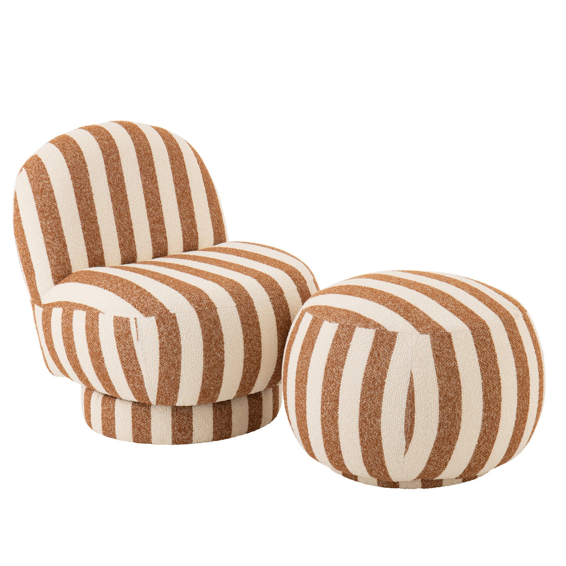 Loungestol med puf i stribet stof, camel/brækket hvid, J-Line