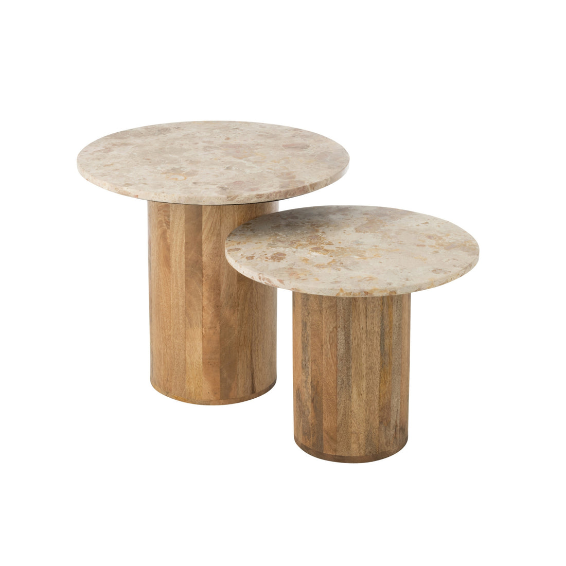 Rundt sidebord i marmor og træ – beige/brun – sæt med 2, J-Line
