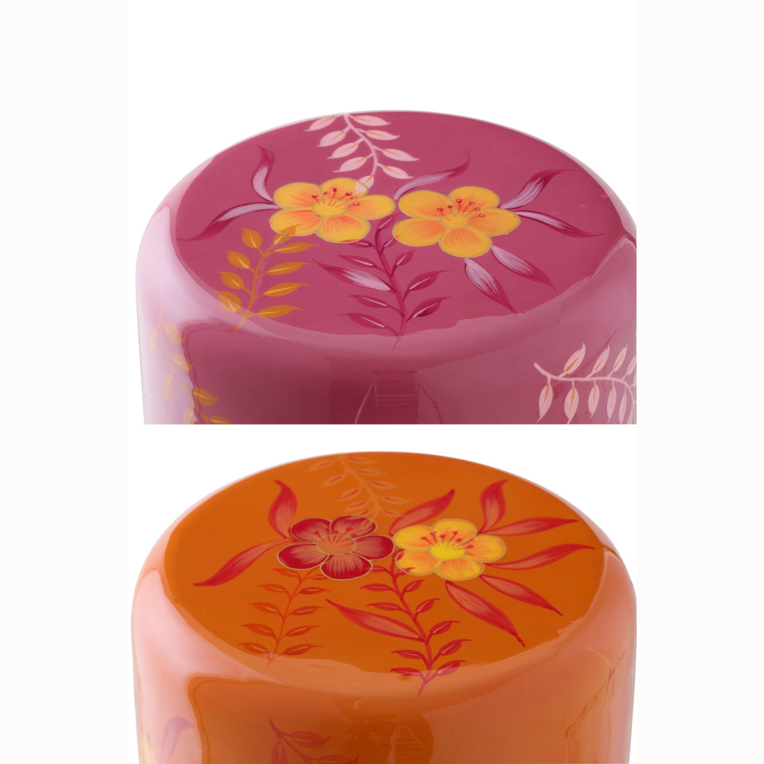 Skammel med blomster i metal, pink/orange, assorteret sæt med 2 stk. – J-Line