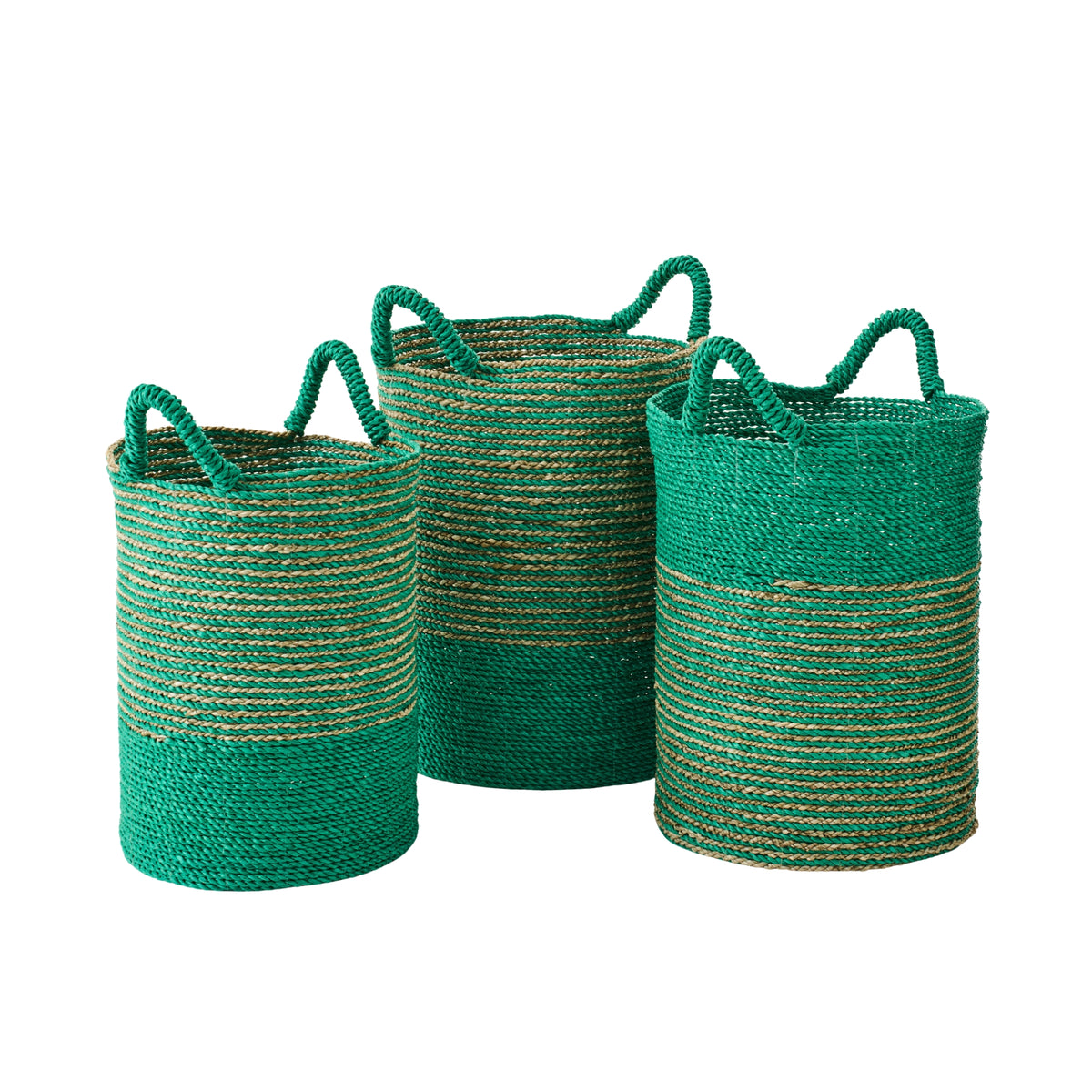 Sæt med 3 stribede kurve i mørkegrøn/naturfarvet raffia fra J-Line
