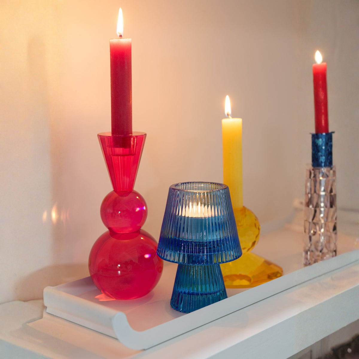 Lysestage i glas, gul/orange, sæt med 3, J-Line