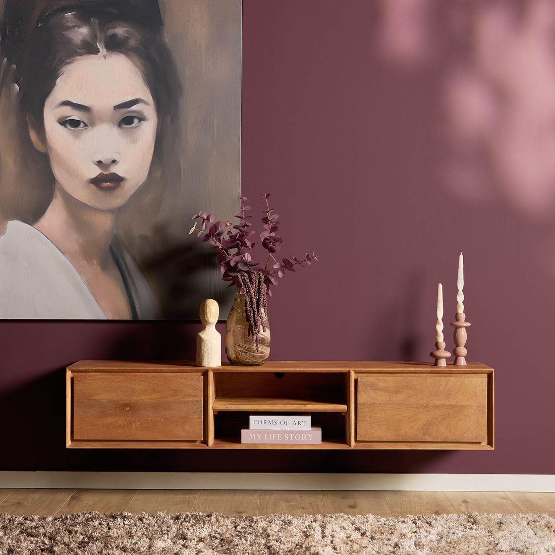 Svævende TV-bord Ambiance i naturligt mangotræ, 160 cm – Starfurn