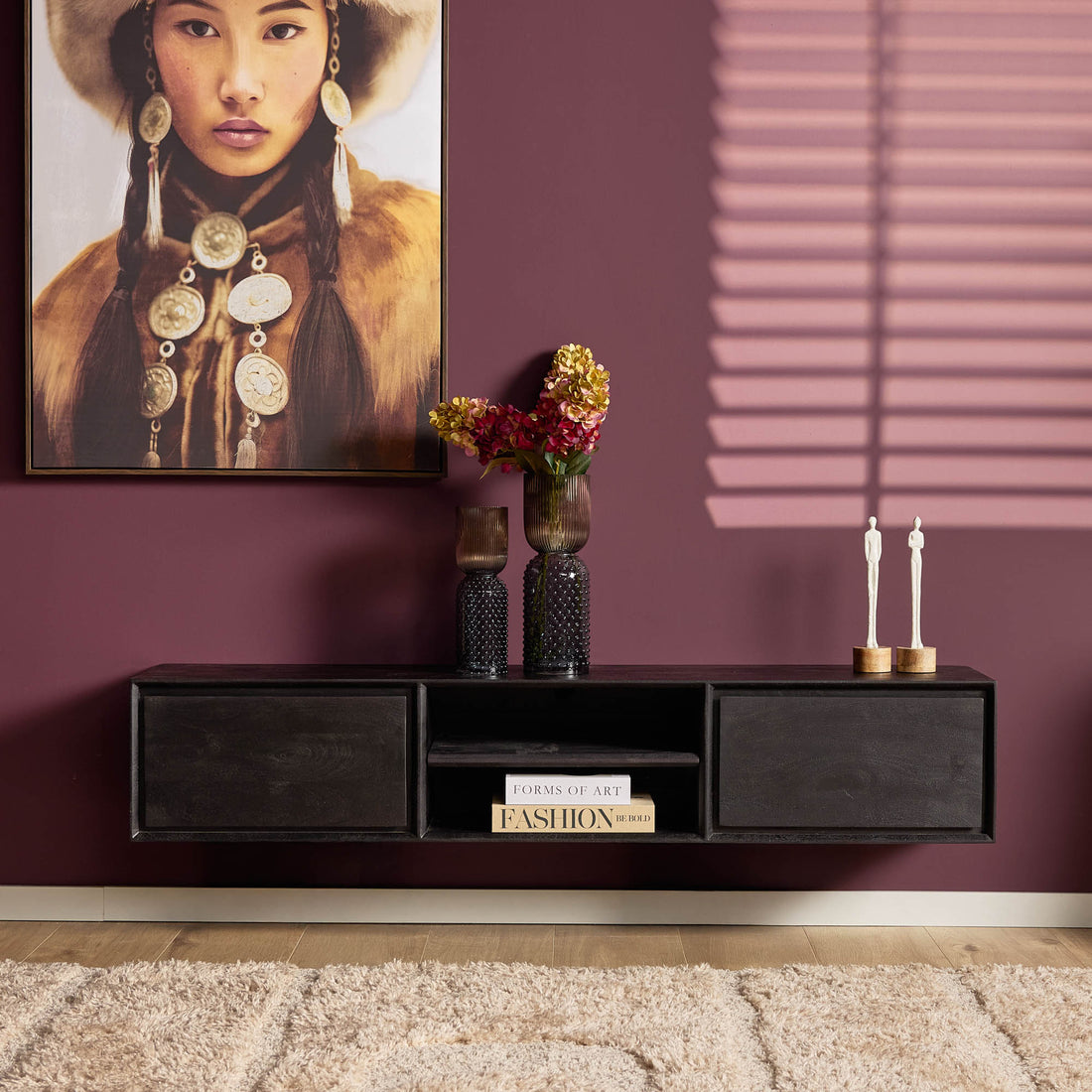 Svævende tv-bord Ambiance mangotræ sort 160 cm Starfurn