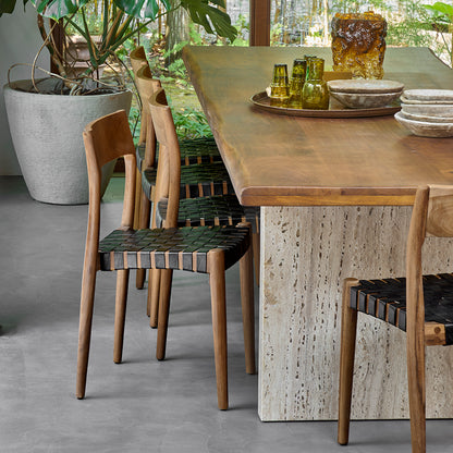 Freya spisebordsstol i teak uden armlæn, sort læder, sæt med 2, Raw Materials