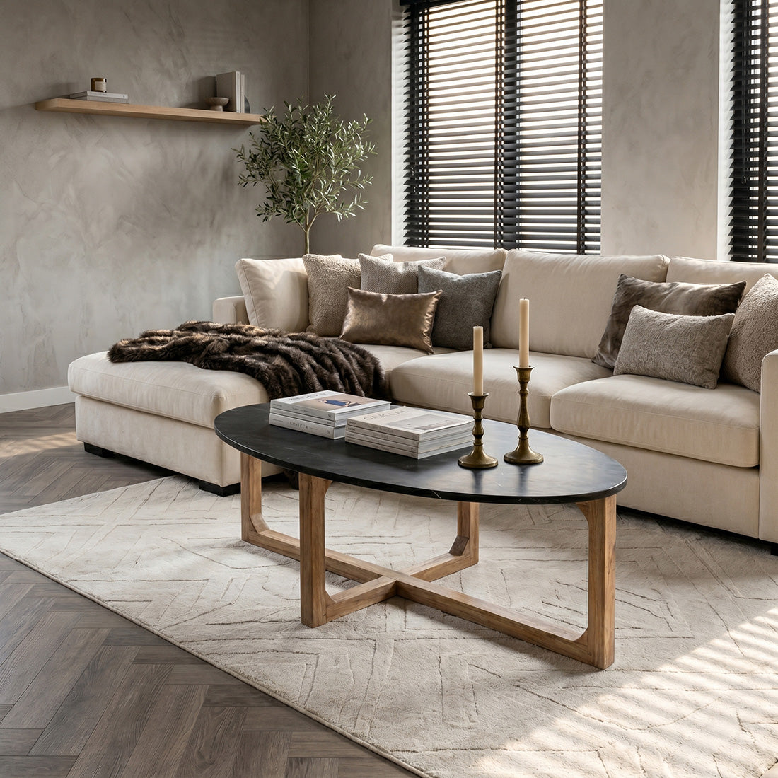 Marmorsofabord, ovalt, sort, Raw Materials