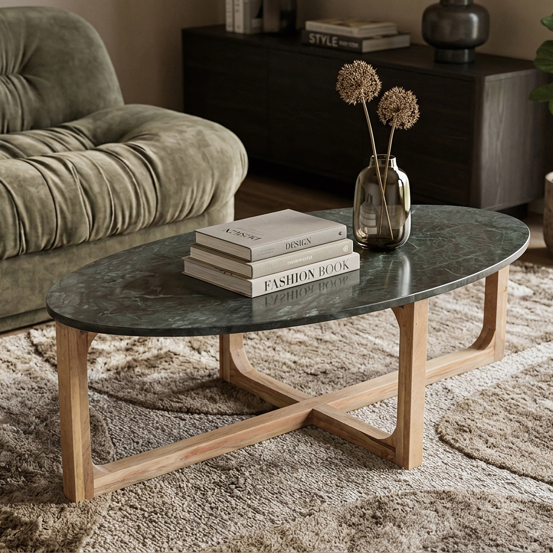 Sofabord i grøn oval marmor – Raw Materials