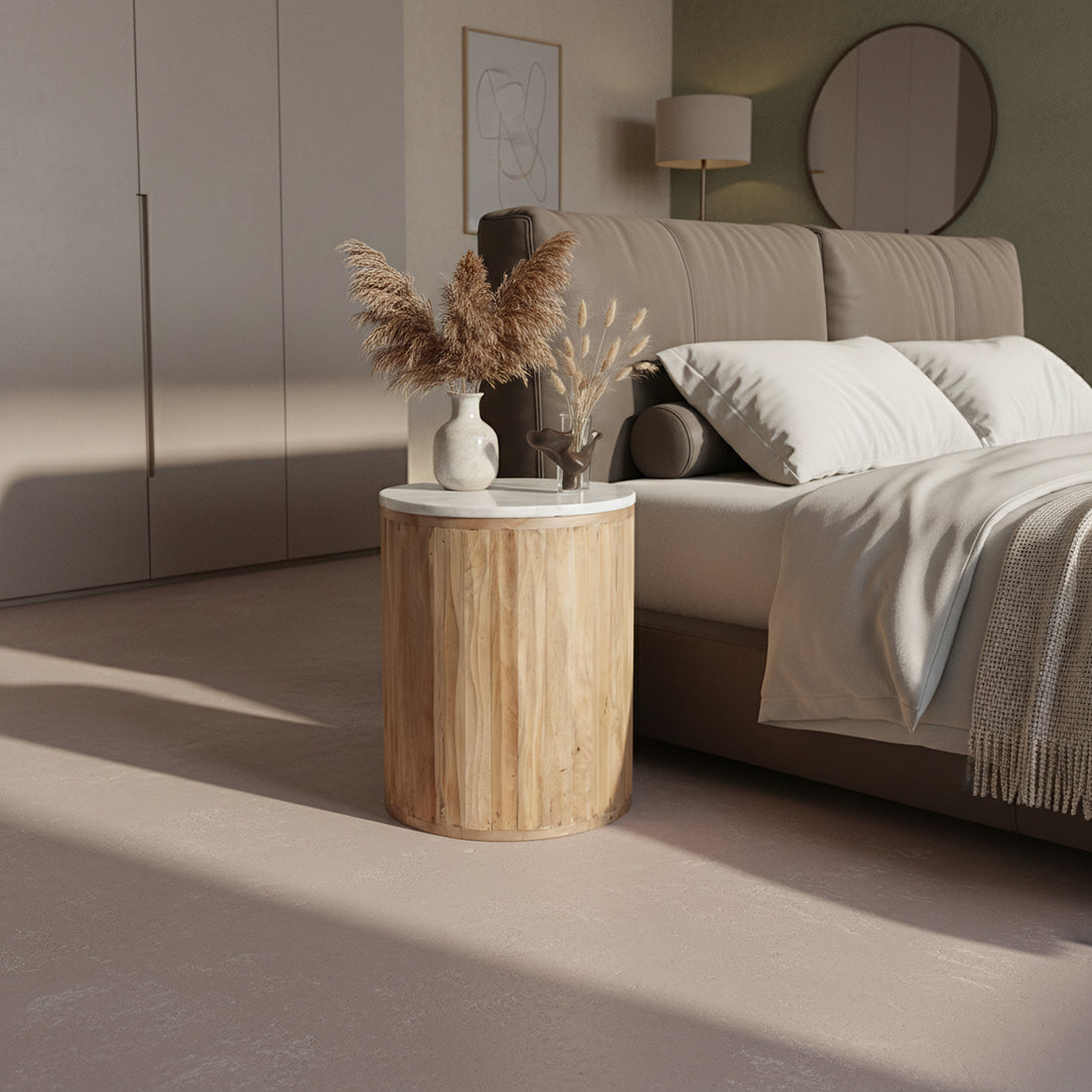 Rundt sidebord Malakka i hvid marmor, Raw Materials