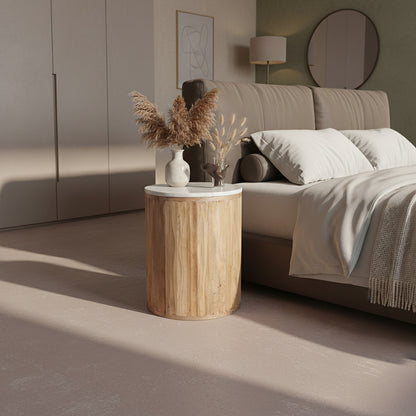 Rundt sidebord Malakka i hvid marmor, Raw Materials