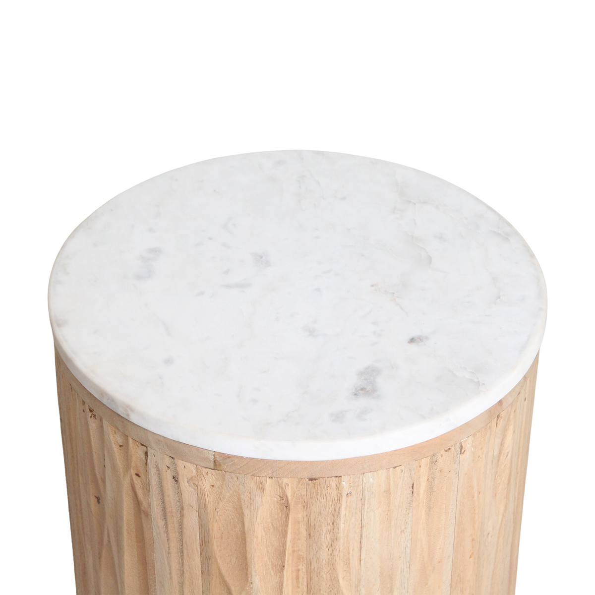 Rundt sidebord Malakka i hvid marmor, Raw Materials