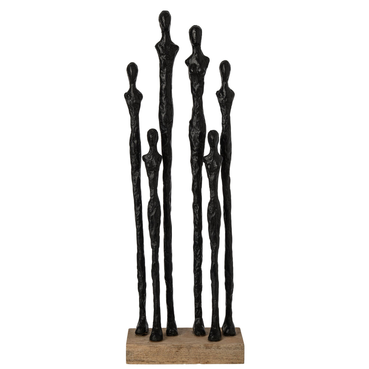 Beeld Mensen Op Sokkel van J-Line, gestileerde figuren in naturel en zwart op een houten voet