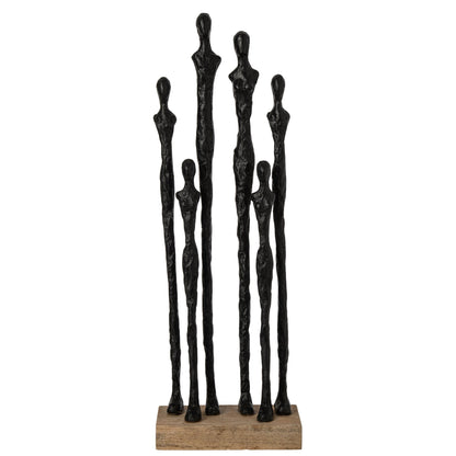 Beeld Mensen Op Sokkel van J-Line, gestileerde figuren in naturel en zwart op een houten voet