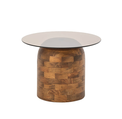 Sidebord, rundt, glas og naturfarvet mangotræ, J-Line