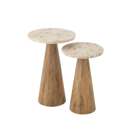 Rundt sidebord i marmor og træ – beige/brun – sæt med 2 fra J-Line