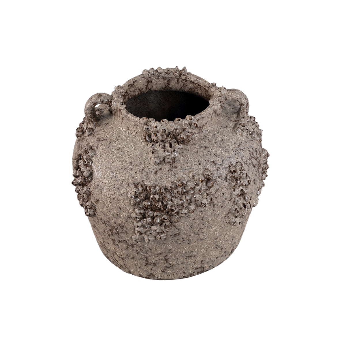 Deisy Beige Ceramic Jar With Handles Rough Coral L van PTMD, zijaanzicht van de pot op witte achtergrond