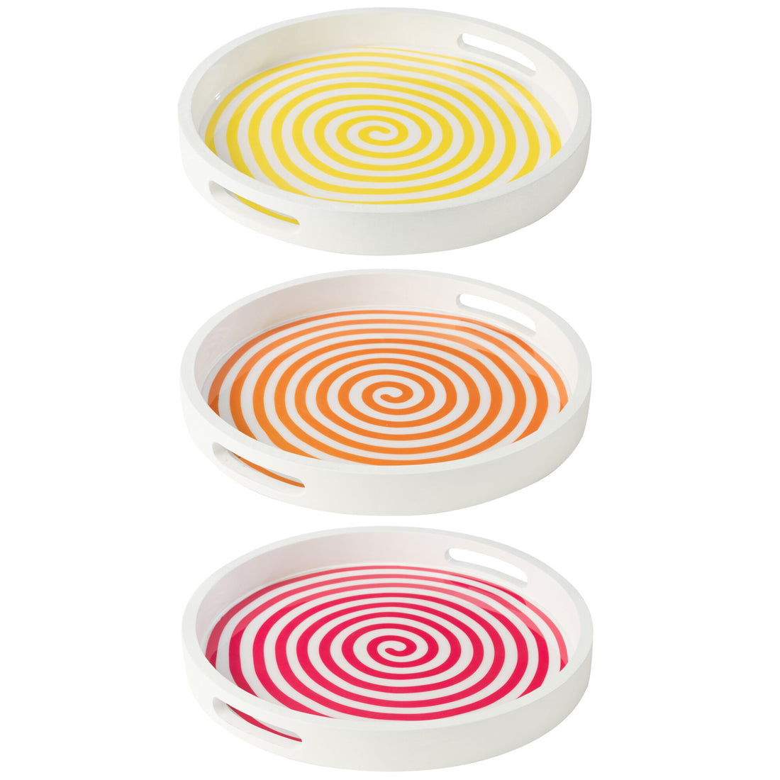 Sæt med 3 runde serveringsbakker i mangotræ, rosa/orange/gul, J-Line