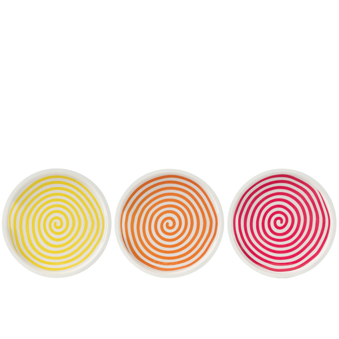 Sæt med 3 runde serveringsbakker i mangotræ, rosa/orange/gul, J-Line