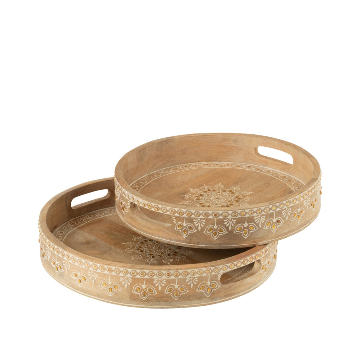 Dienbladen Met 2 Handvaten Kralen Mango Hout Naturel/Wit Set van 2 - Dienblad - J-Line - livinglovely.nl