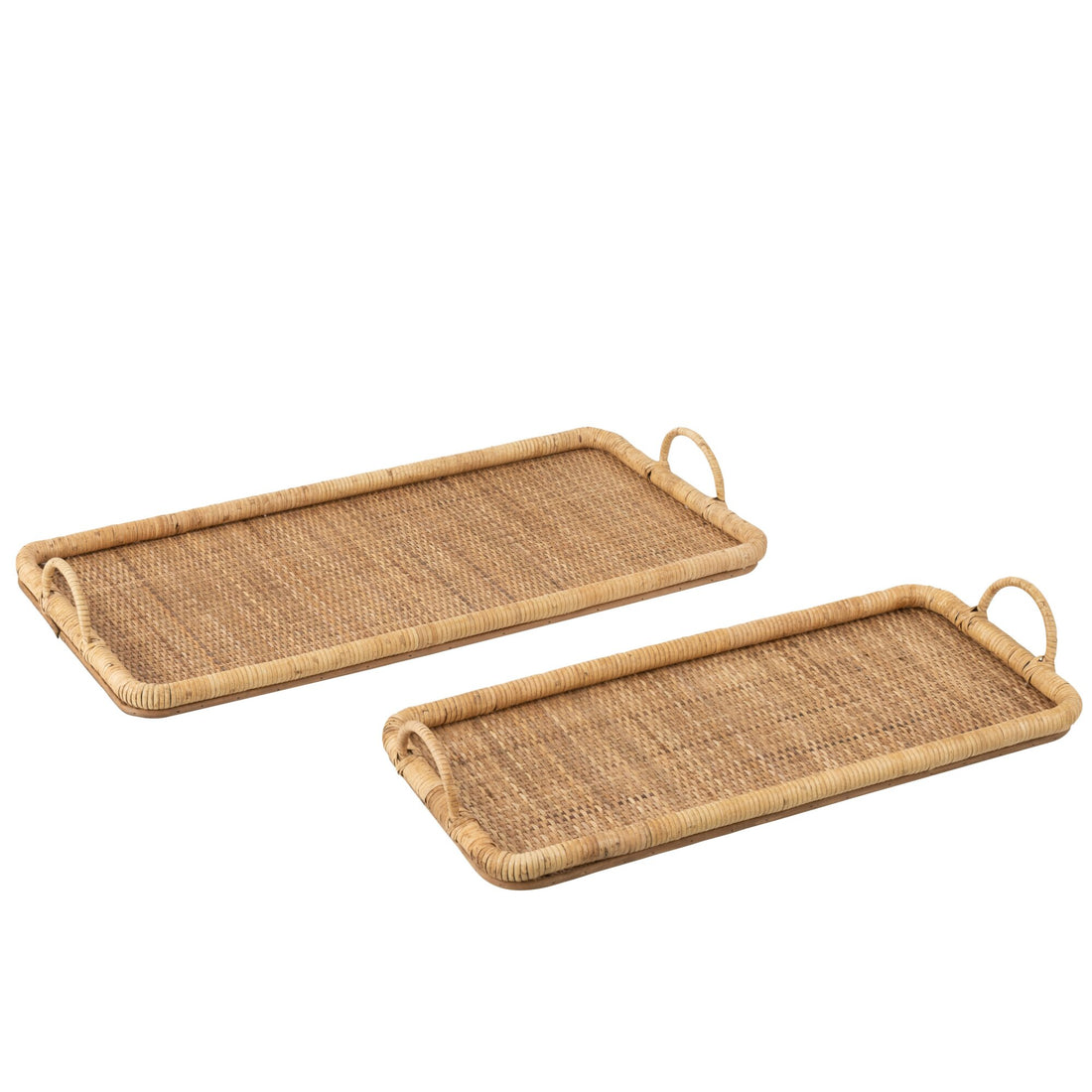 Rektangulære serveringsbakker i naturfarvet rattan/metal, sæt med 2, J-Line