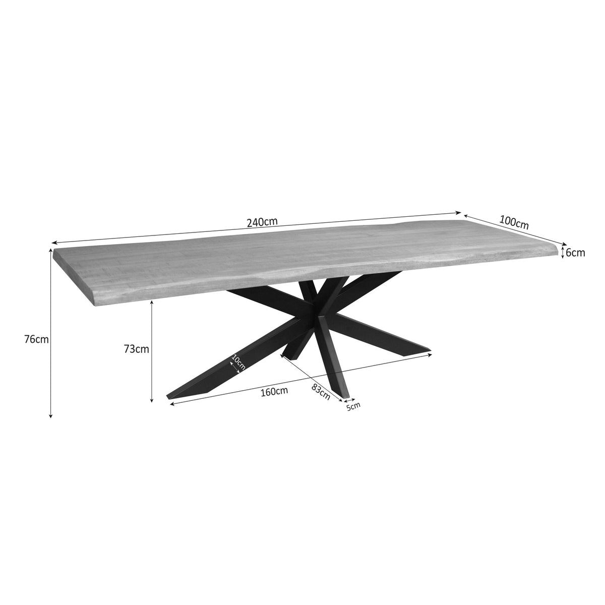Maatschets van eettafel Dakota Boomstam van Starfurn, 240 cm lang en 100 cm breed