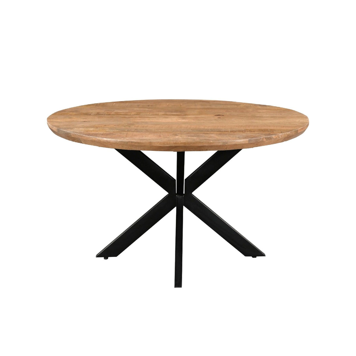Eettafel Jesper Pecan Ø150cm schuin vooraanzicht met zwart spinpootonderstel