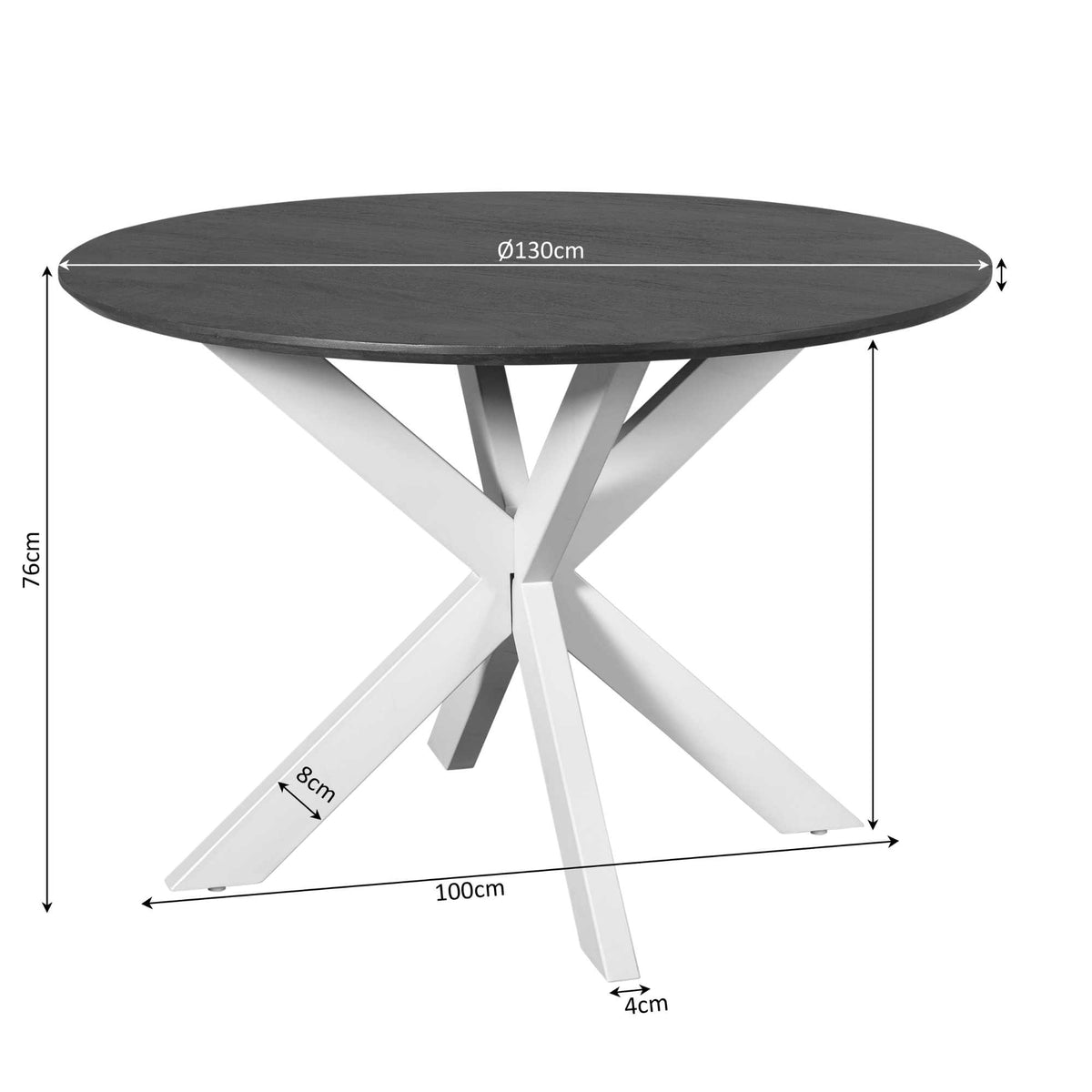 Eettafel Madison 130cm van Starfurn met close-up van de zwarte metalen voet onder het blad