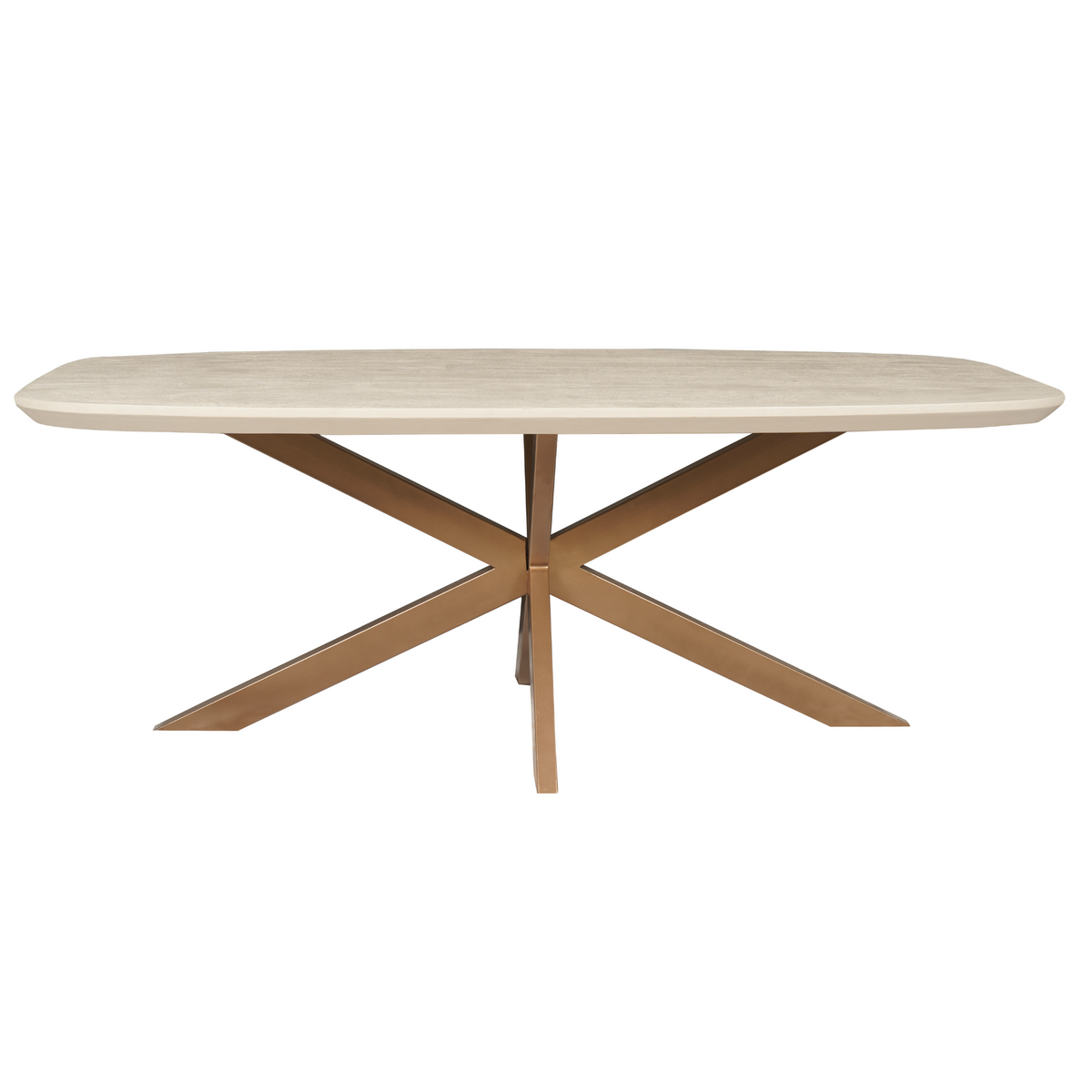 Eettafel Madison Zand van Starfurn gestyled met vaas en kaarsen onder een hanglamp