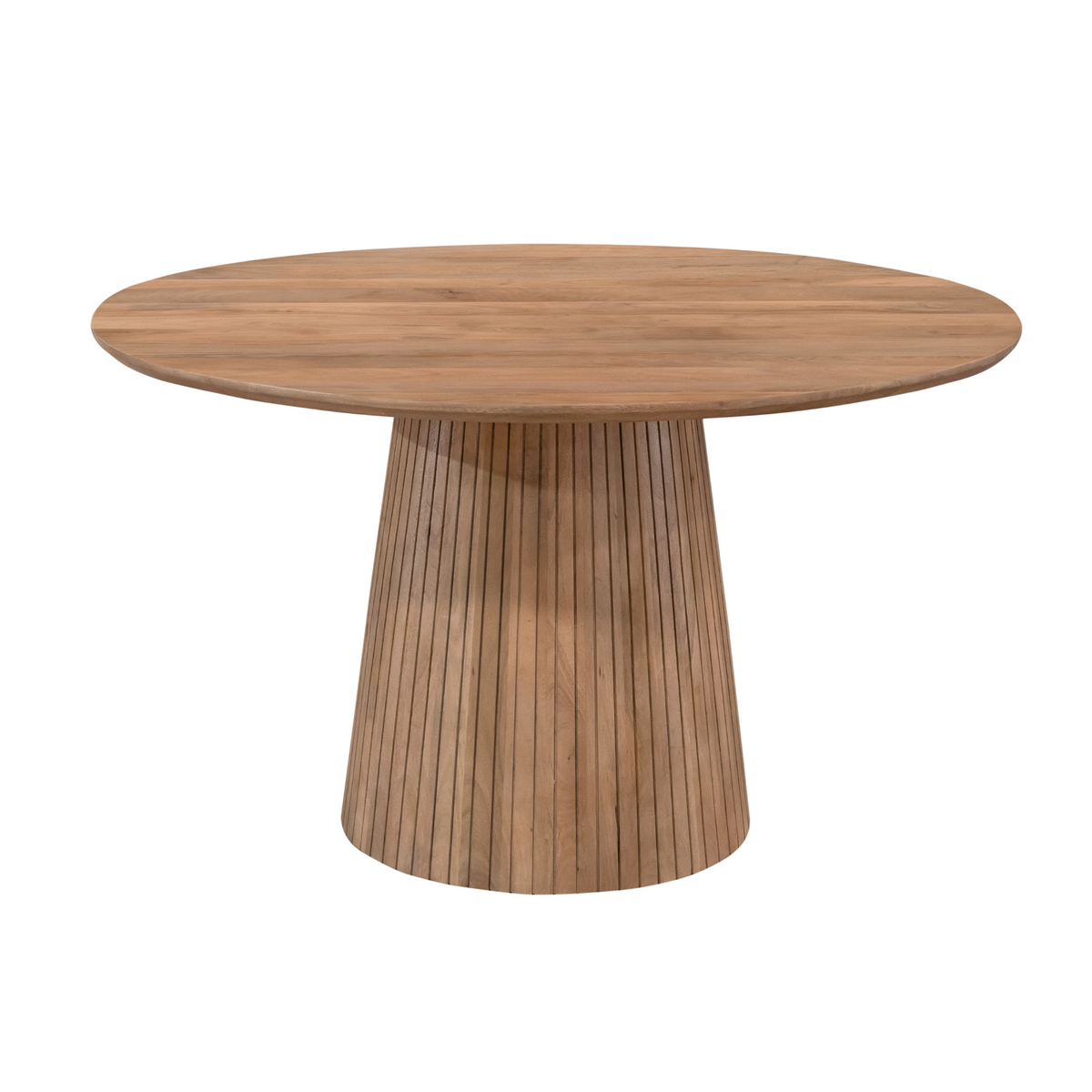 Eettafel Solana Naturel Rond 130cm van Starfurn, rond mangohouten blad op een poot met verticaal lattenpatroon