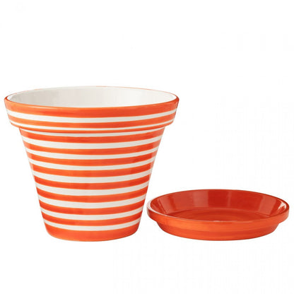 Blomsterkrukke + underskål Granada Stripes håndlavet og malet keramik, orange, ekstra stor – J-Line