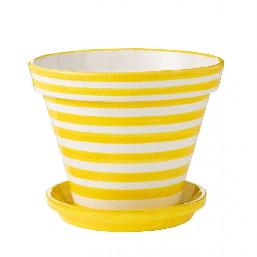 Blomsterkrukke + underskål Granada striber, håndlavet og håndmalet keramik, gul, ekstra stor