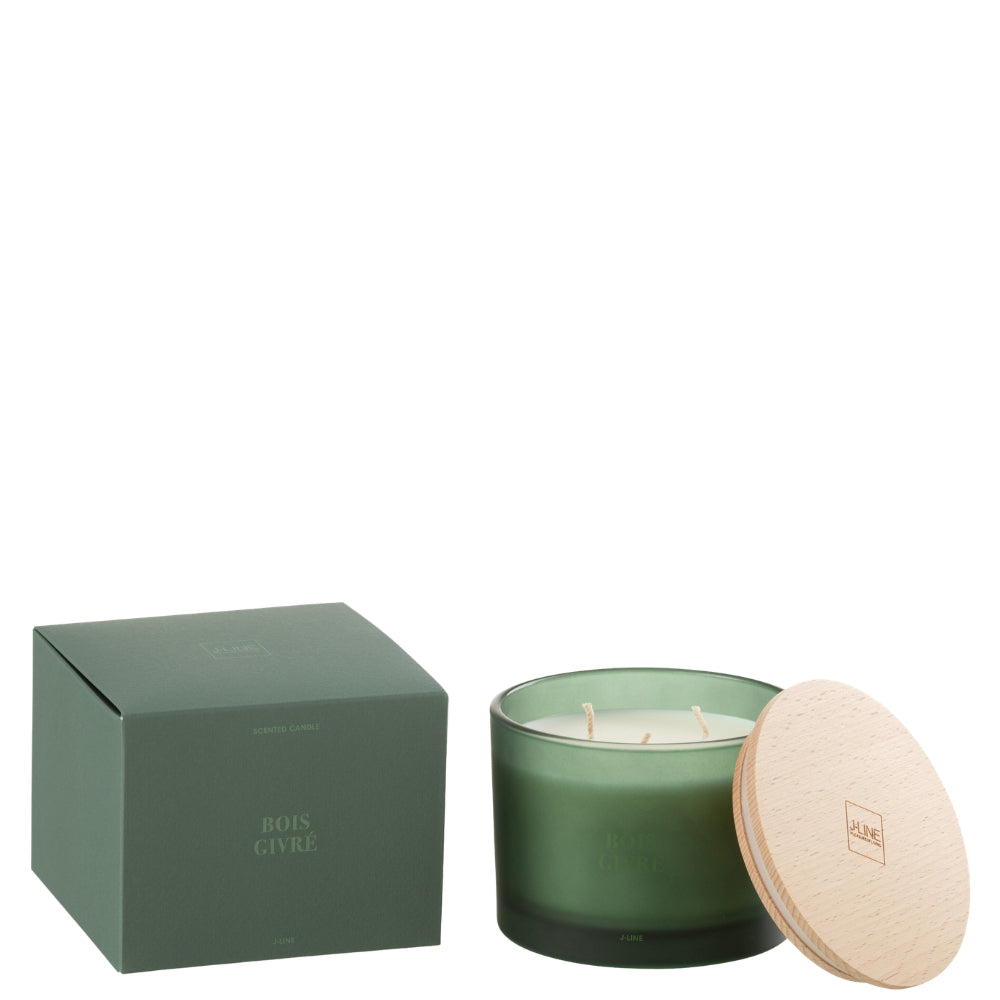 Geurkaars Accords Essentiels Bois Givré 28 Uur van J-Line, groene glazen pot met houten deksel naast de geschenkdoos