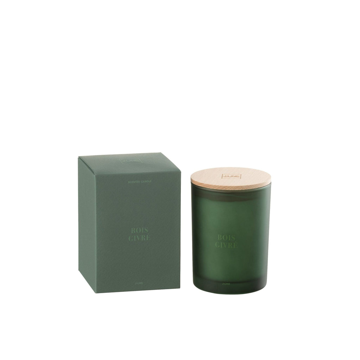 Geurkaars Accords Essentiels Bois Givré 38 Uur van J-Line, groene glazen pot met houten deksel naast de geschenkdoos