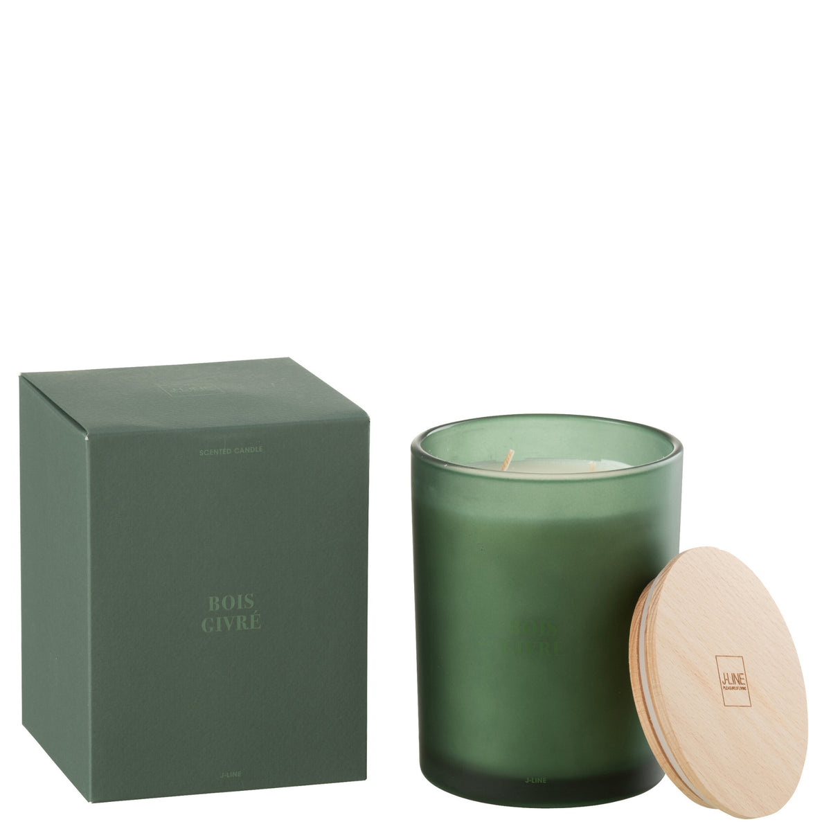 Geurkaars Accords Essentiels Bois Givré 52 Uur van J-Line, groene glazen pot met houten deksel naast de geschenkdoos